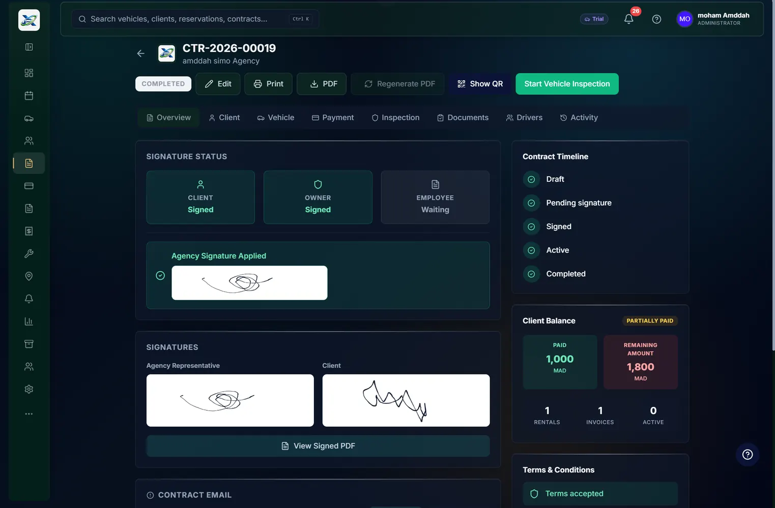 Détail de contrat Innovacar avec signatures et solde client